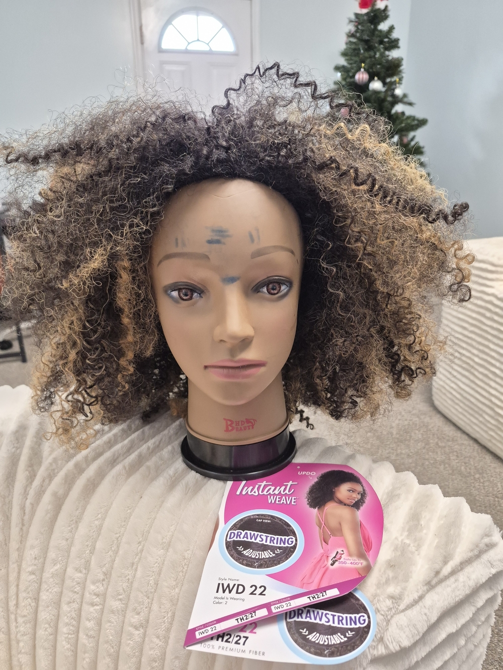 Instant Weave Drawstring Curly Wig - Brown with Blonde Highlights